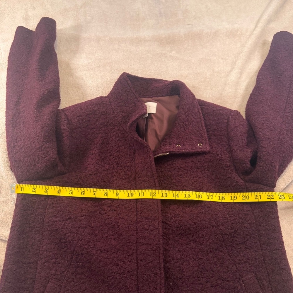 LOFT Burgundy Boucle Long Coat Gold Hardware Funnel Neck Fall Jacket SZ L - Picture 11 of 14